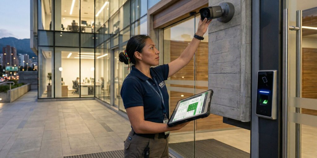 Infografía de un ecosistema de seguridad inteligente de Kirio integrando cámaras, alarma y control de acceso